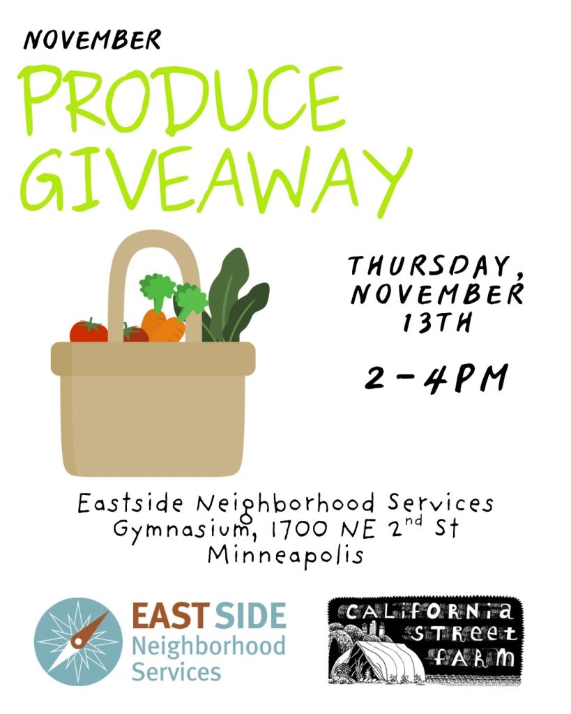 Flyer for produce giveaway on Nov 13, 4pm-6pm at Eastside Neighborhood Services
